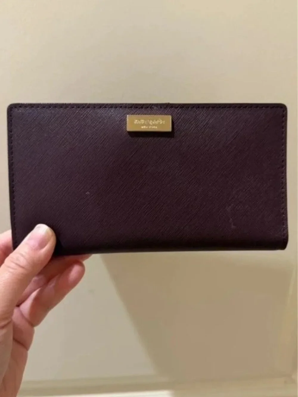 kate spade Deep Burgundy Saffiano Leather Long Wallet with Gold Plaque